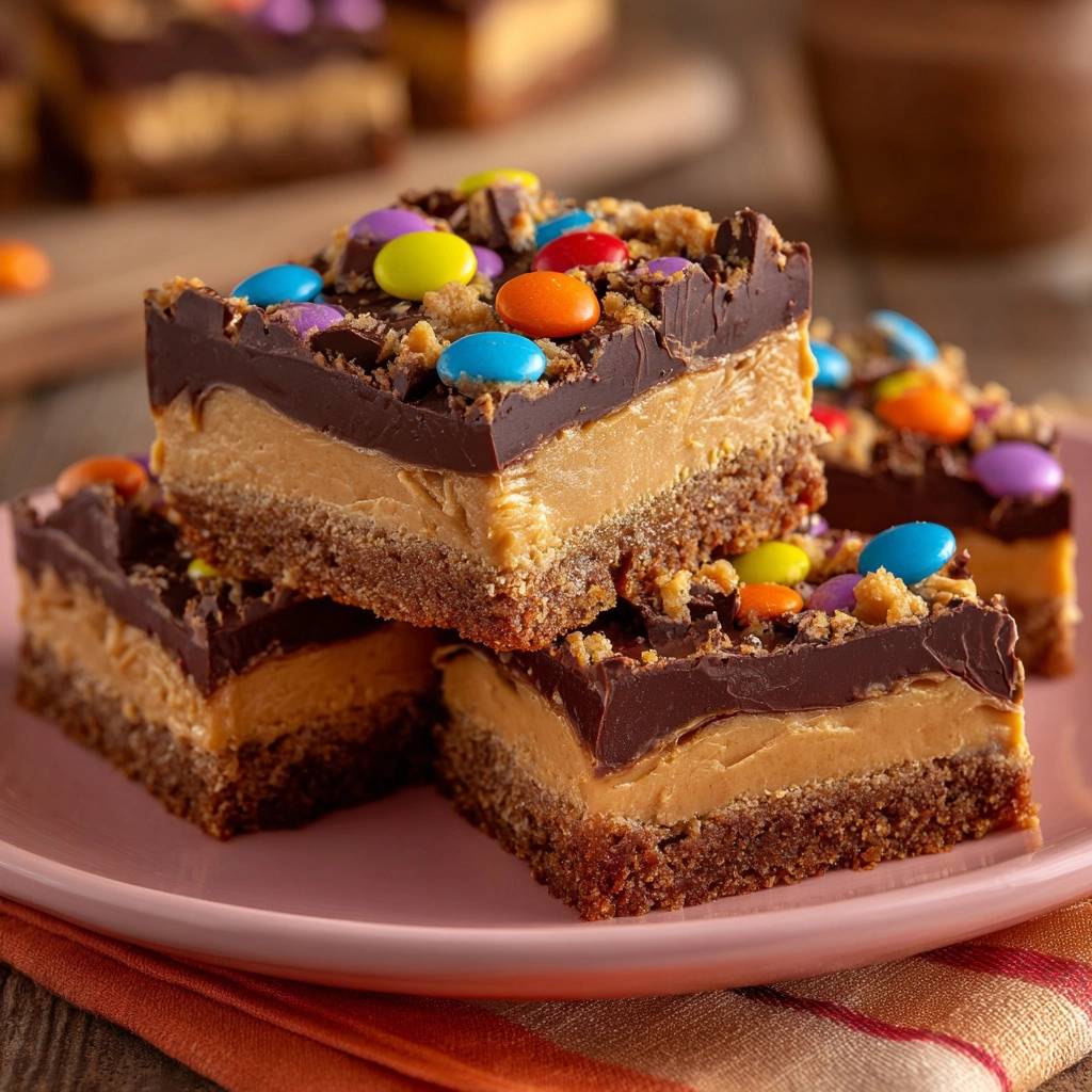 Schoko-Erdnussbutter-Schnitten: Nahaufnahme eines Anschnitts mit Schichten aus Keksboden, Erdnussbuttercreme und Schokoladenüberzug, garniert mit bunten Süßigkeiten.