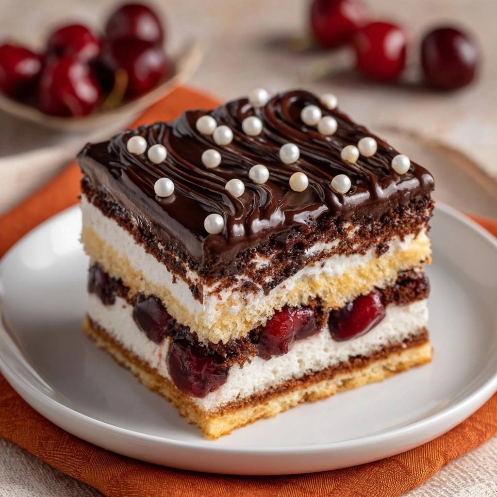 Schoko-Kirsch-Schnitten mit Versiegelungstechnik zeigt einen Nahaufnahme-Querschnitt, der die geschichteten Schichten aus Kuchen, Kirschen und Creme offenbart.