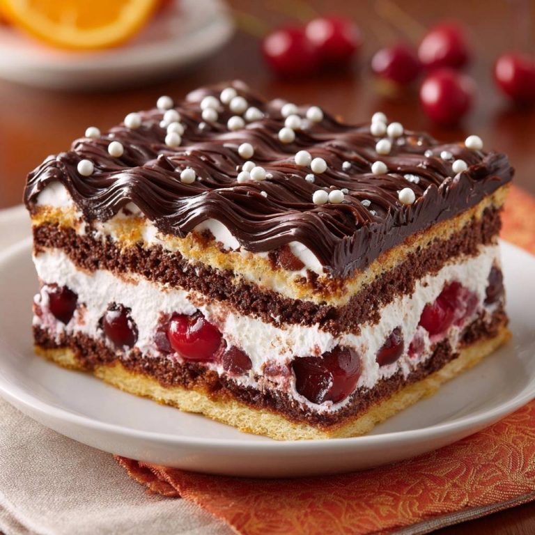 Schoko-Kirsch-Schnitten mit Versiegelungstechnik zeigt eine Nahaufnahme vom angeschnittenen Kuchen, der die Schichten aus Schokolade, Kirschen und Creme enthüllt.