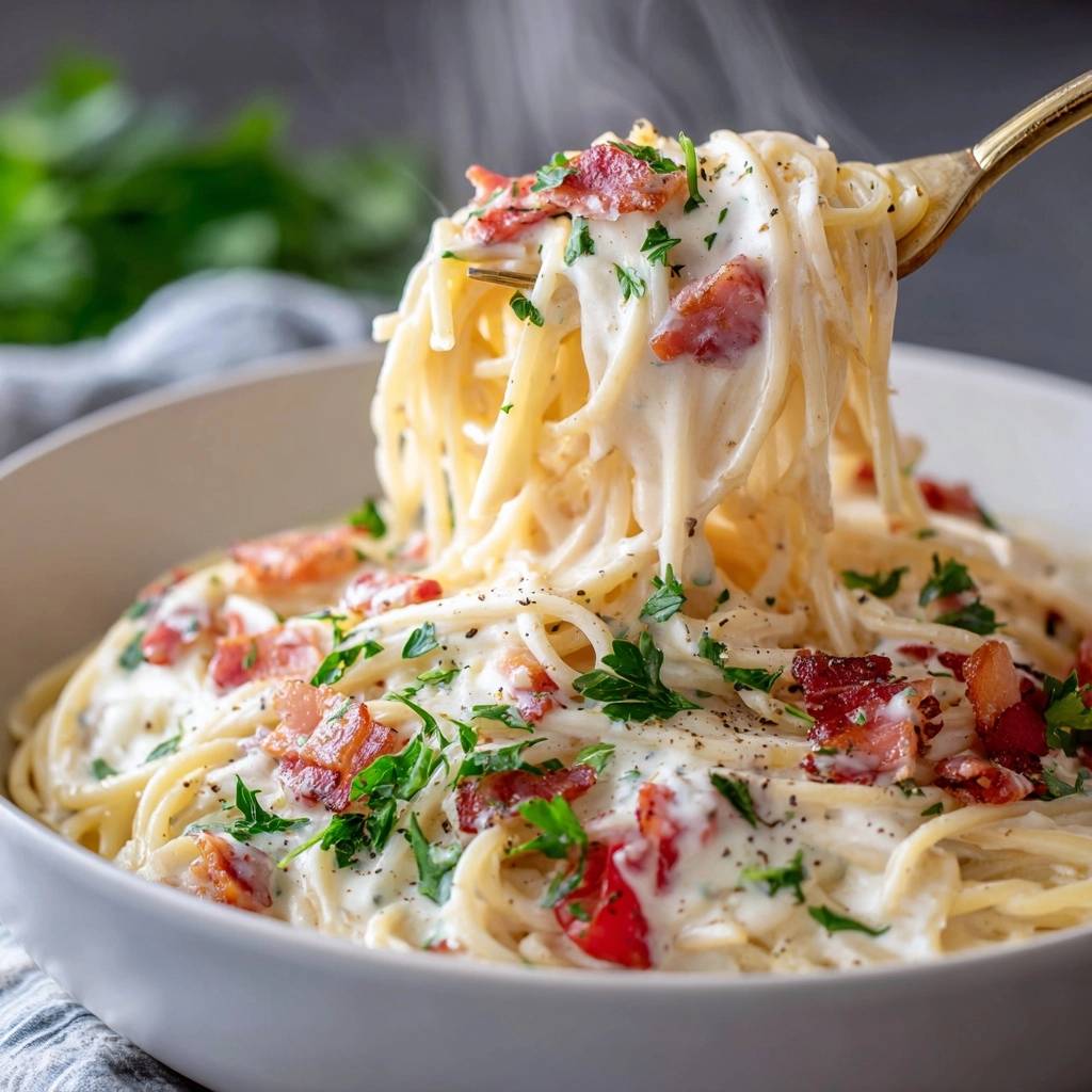 Ultra-cremige Spaghetti Carbonara Style, die auf einer goldenen Gabel aus der Schüssel gehoben werden, mit Dampf und frischen Kräutern.