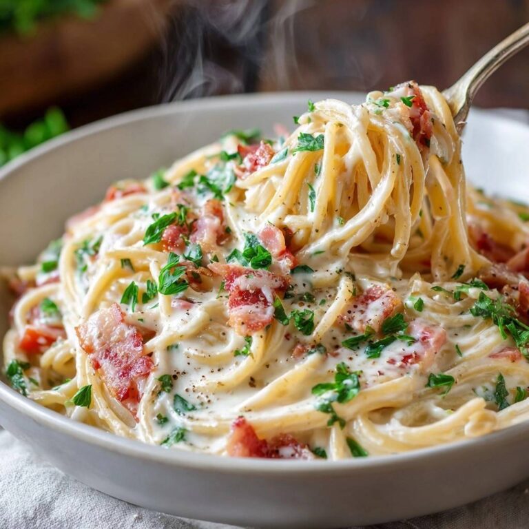Ultra-cremige Spaghetti Carbonara Style in Nahaufnahme, dampfend heiß serviert, mit knusprigem Speck und frischer Petersilie garniert.