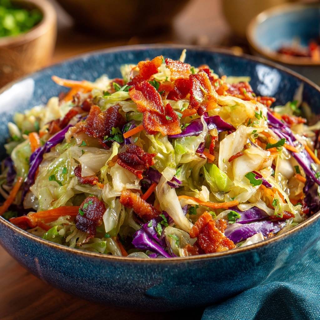 Warmer Krautsalat Mit Speck Draufsicht 1 Warmer Krautsalat mit Speck in einer blauen Schüssel, serviert von oben mit knusprigem Speck als Topping. Ein leckeres Gericht für jeden Anlass.
