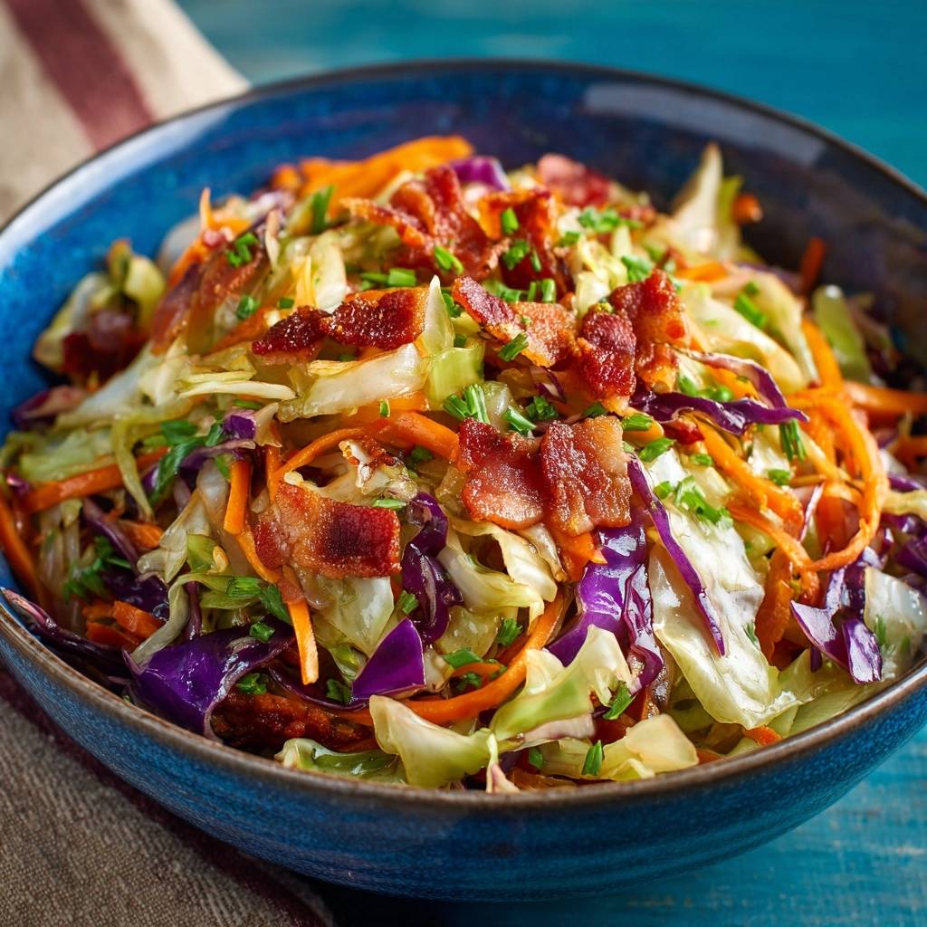 Warmer Krautsalat mit Speck in einer blauen Schüssel, serviert mit knusprigem Speck und frischen Kräutern, von oben betrachtet.