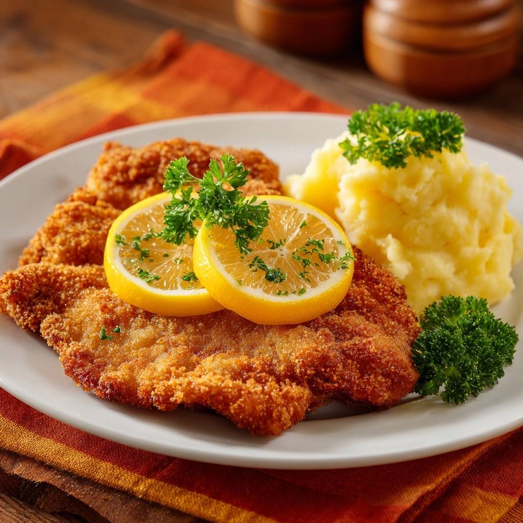 Klassisches Wiener Schnitzel mit Kartoffelstampf serviert auf einem Teller, garniert mit Zitronenscheiben und frischer Petersilie. Dazu cremiger Kartoffelstampf.