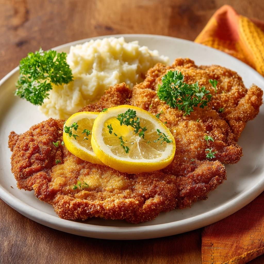 Klassisches Wiener Schnitzel mit Kartoffelstampf serviert auf einem weißen Teller, garniert mit Zitronenscheiben und frischer Petersilie.