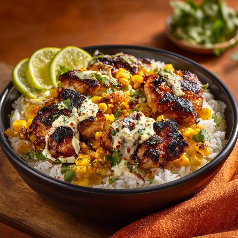 Würzige Hähnchen-Reis-Bowl, serviert in einer schwarzen Schüssel, garniert mit Limettenscheiben, Mais und cremiger Sauce, von oben fotografiert.