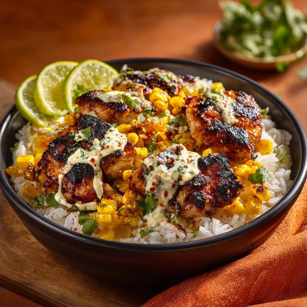 Würzige Hähnchen-Reis-Bowl, serviert in einer schwarzen Schüssel, garniert mit Limettenscheiben, Mais und cremiger Sauce, von oben fotografiert.