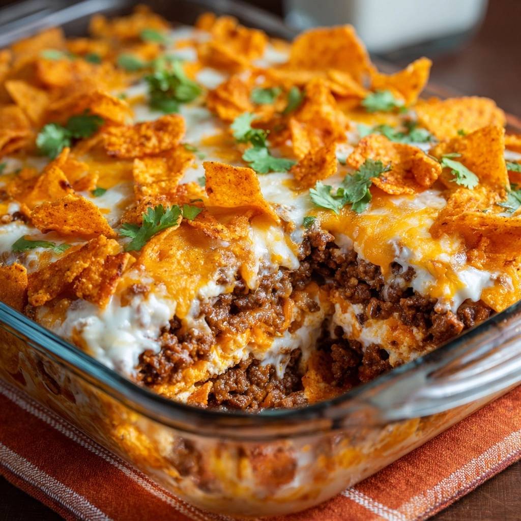 Wuerziger Taco Auflauf Querschnitt 1 Würziger Taco Auflauf mit saftigem Hackfleisch, geschmolzenem Käse und knusprigen Tortilla-Chips im Anschnitt. Ein Blick in die leckere Schichtstruktur.