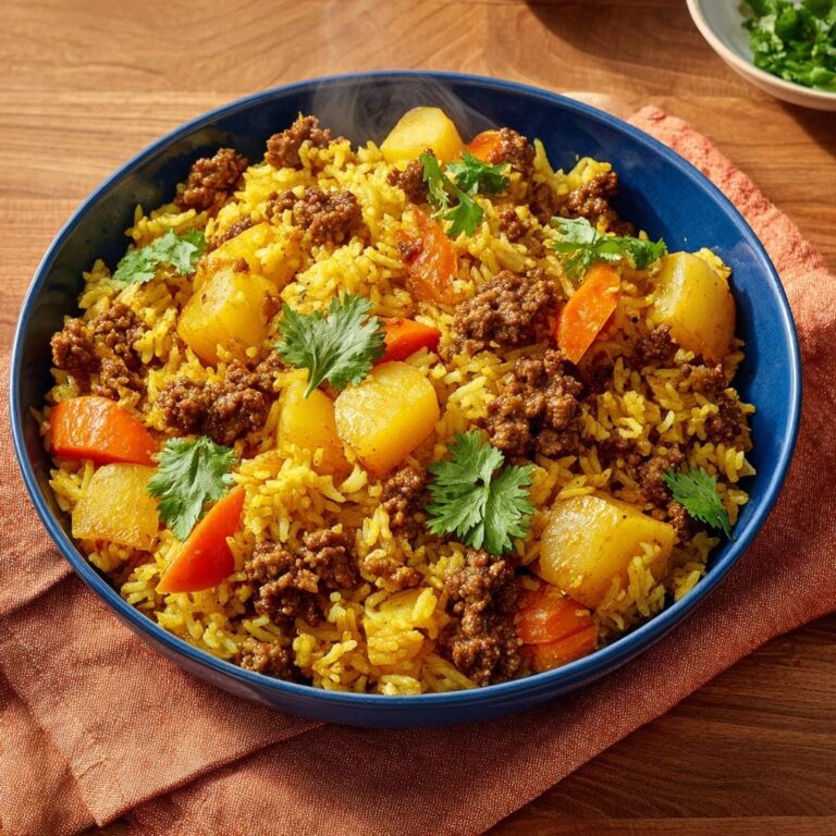 Würzige Hackfleisch-Reispfanne mit Kartoffeln präsentiert sich in einer blauen Schüssel, garniert mit frischem Koriander, in einer ansprechenden Draufsicht.