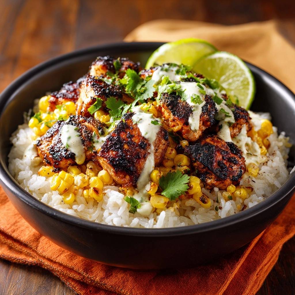 Würzige Hähnchen-Reis-Bowl, serviert in einer schwarzen Schüssel, mit gegrilltem Hähnchen, Mais, Reis und einer cremigen Sauce, garniert mit frischem Koriander und Limetten.