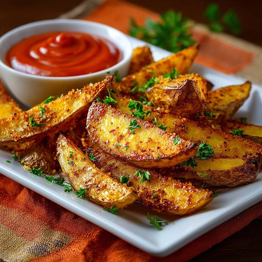 Wurzige Parmesan Kartoffel Wedges Serviert 1 Würzige Parmesan Kartoffel Wedges serviert auf einem weißen Teller, garniert mit frischer Petersilie und einer Schale Ketchup.