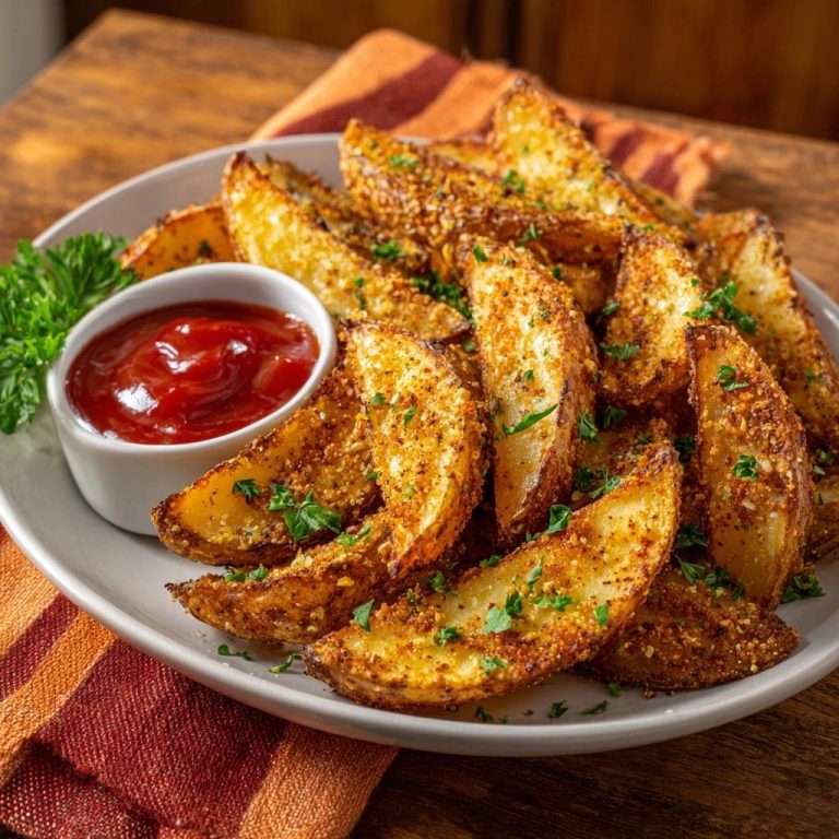 Würzige Parmesan Kartoffel Wedges serviert auf einem weißen Teller, garniert mit frischer Petersilie und Ketchup zum Dippen.