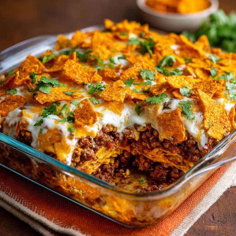 Würziger Taco Auflauf mit geschmolzenem Käse und knusprigen Tortilla-Chips. Der Anschnitt zeigt die geschichteten Zutaten.