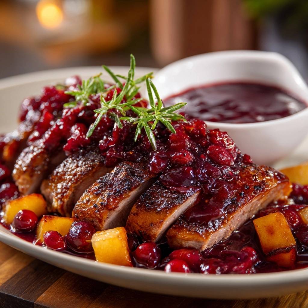 Zarte Entenbrust mit Cranberry-Apfel-Glasur serviert auf einem Teller. Die knusprige Entenbrust ist mit Cranberry-Glasur und Rosmarin garniert.