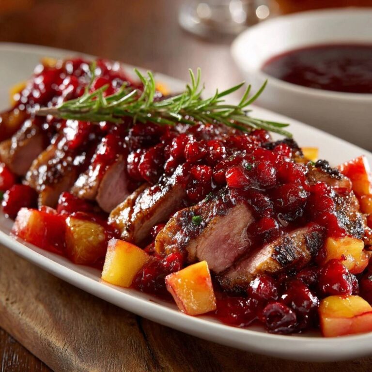 Zarte Entenbrust mit Cranberry-Apfel-Glasur serviert auf einem weißen Teller, köstlich garniert mit frischem Rosmarin und fruchtiger Cranberry-Soße.