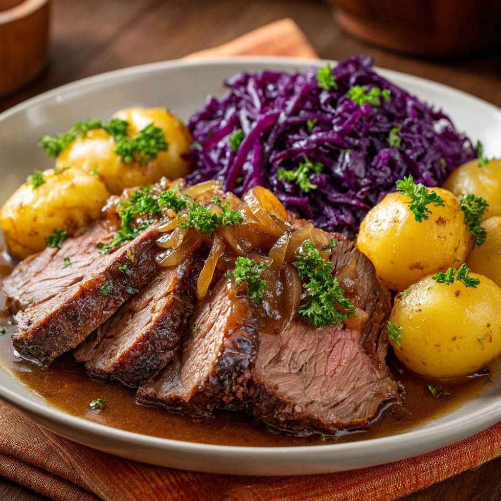 Zarter Rinderbraten mit Zwiebelsoße serviert auf einem Teller, garniert mit frischer Petersilie und serviert mit Rotkohl und Kartoffeln.