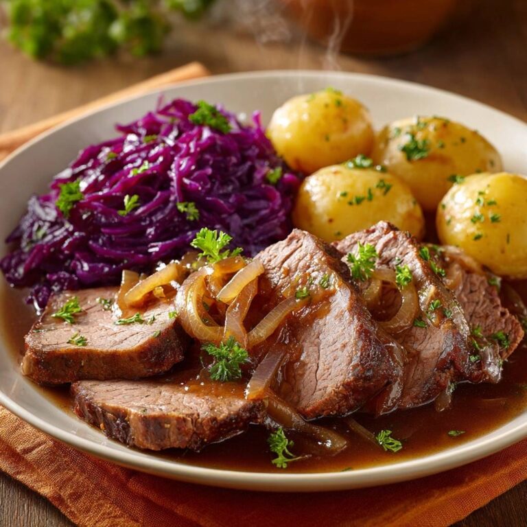 Zarter Rinderbraten mit Zwiebelsoße serviert auf einem Teller, garniert mit frischer Petersilie und serviert mit Rotkohl und Kartoffeln.