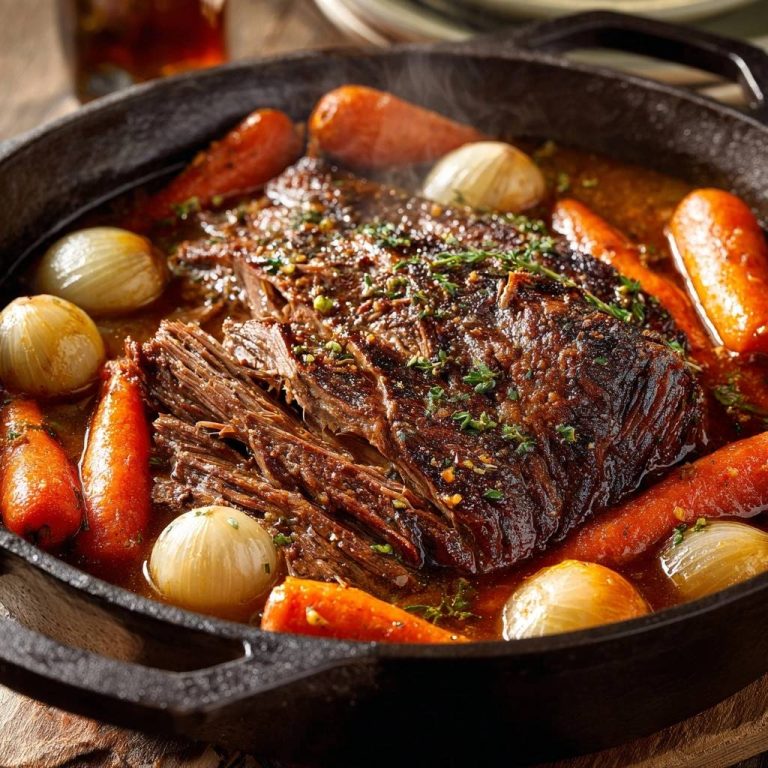 Zarter Rinderschmorbraten aus dem Gusseisen in einer Gusseisenpfanne, serviert mit Karotten und Zwiebeln, aus nächster Nähe betrachtet.