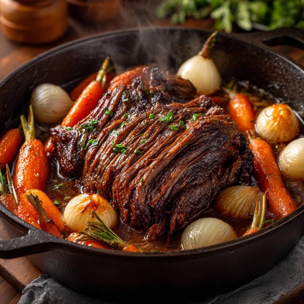 Zarter Rinderschmorbraten aus dem Gusseisen in Nahaufnahme, dampfend heiß, serviert mit Karotten und Zwiebeln in der gusseisernen Pfanne.