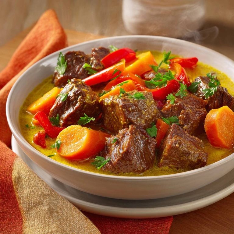 Zartes Rinder-Curry mit Gemüse in einer Nahaufnahme, dampfend heiß und mit frischen Kräutern garniert. Ein herzhaftes Gericht mit zartem Fleisch und Gemüse.