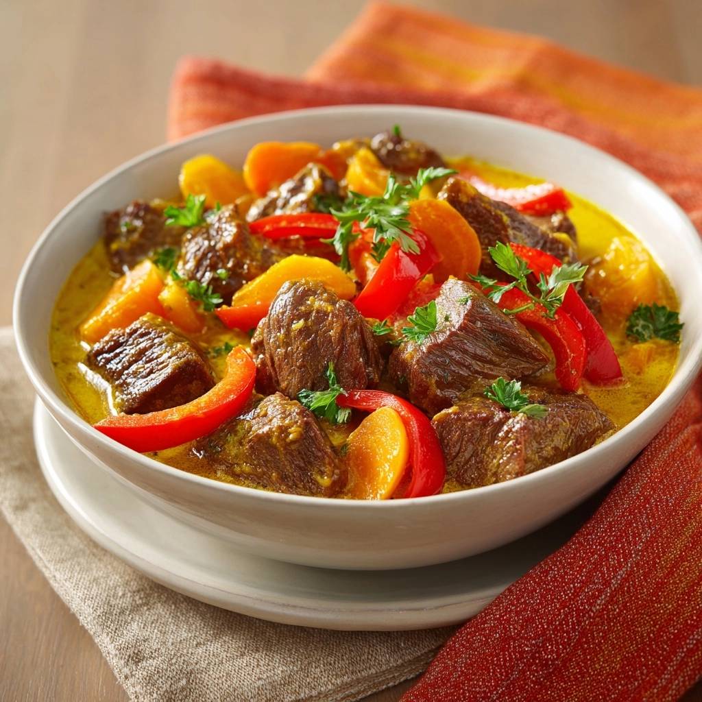 Zartes Rinder-Curry mit Gemüse in einer Schüssel, Nahaufnahme mit roten Paprika- und Karottenstücken und frischer Petersilie garniert.