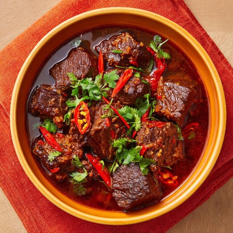 Zartes Rinder-Gulasch mit Chili, serviert in einer Schüssel, mit frischen Chilischoten und Koriander garniert, in einer Nahaufnahme von oben.