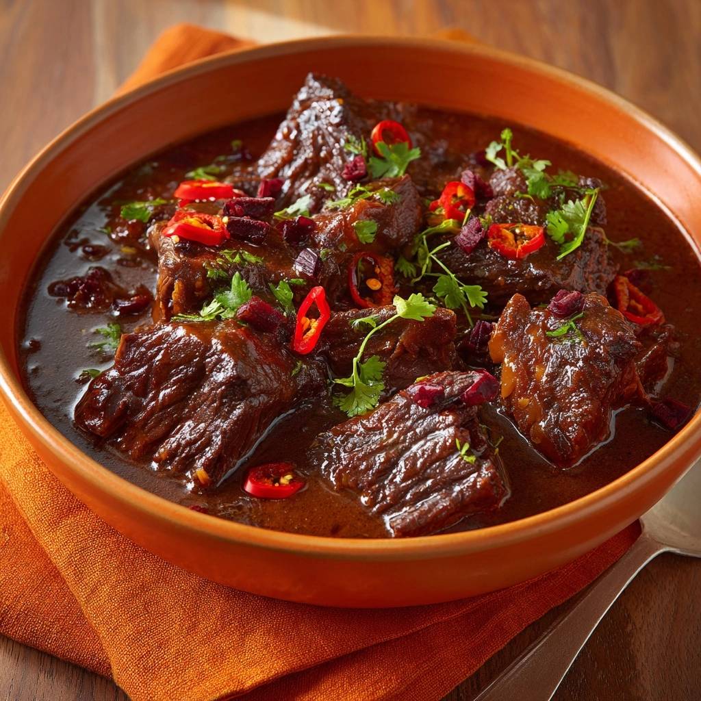 Zartes Rinder Gulasch Mit Chili Draufsicht Serviert 1 Zartes Rinder-Gulasch mit Chili, serviert in einer rustikalen Schüssel, garniert mit frischen Kräutern und Chilis, ein köstliches Gericht.