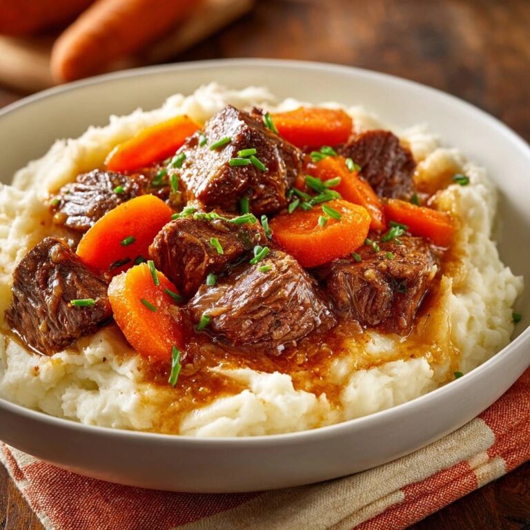 Zartes Rindergulasch mit Kartoffelstampf serviert in einer Schüssel mit Karotten und frischen Kräutern, angerichtet auf cremigem Kartoffelstampf.