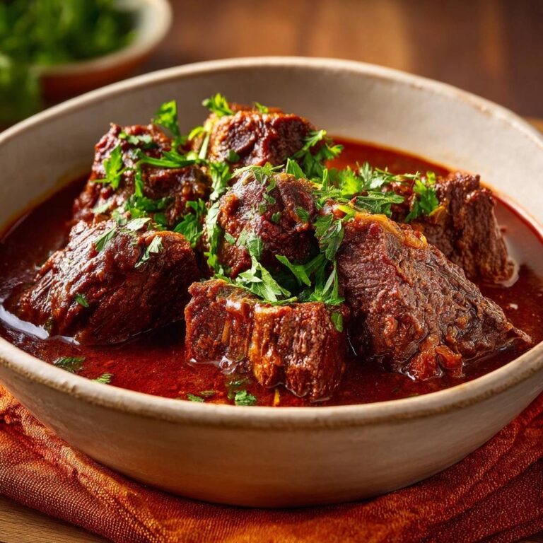 Zartes Rindergulasch in Nahaufnahme serviert, mit frischer Petersilie garniert. Das Fleisch ist von tiefroter Soße umgeben.