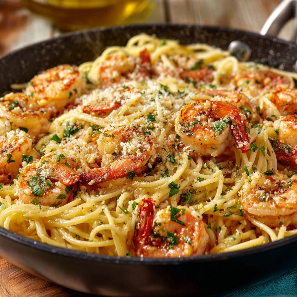 Zitronen-Knoblauch-Garnelen mit Spaghetti, serviert in einer Pfanne, zeigt eine Nahaufnahme des fertigen Gerichts mit Garnelen und Pasta.