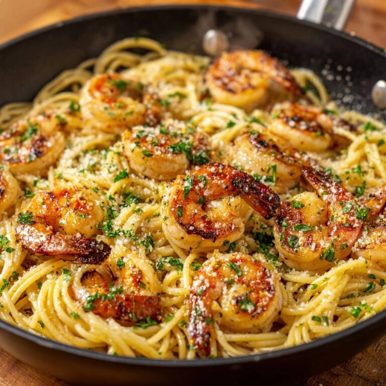 Zitronen-Knoblauch-Garnelen mit Spaghetti aus der Draufsicht, serviert in einer Pfanne mit frischen Kräutern und Parmesan bestreut.