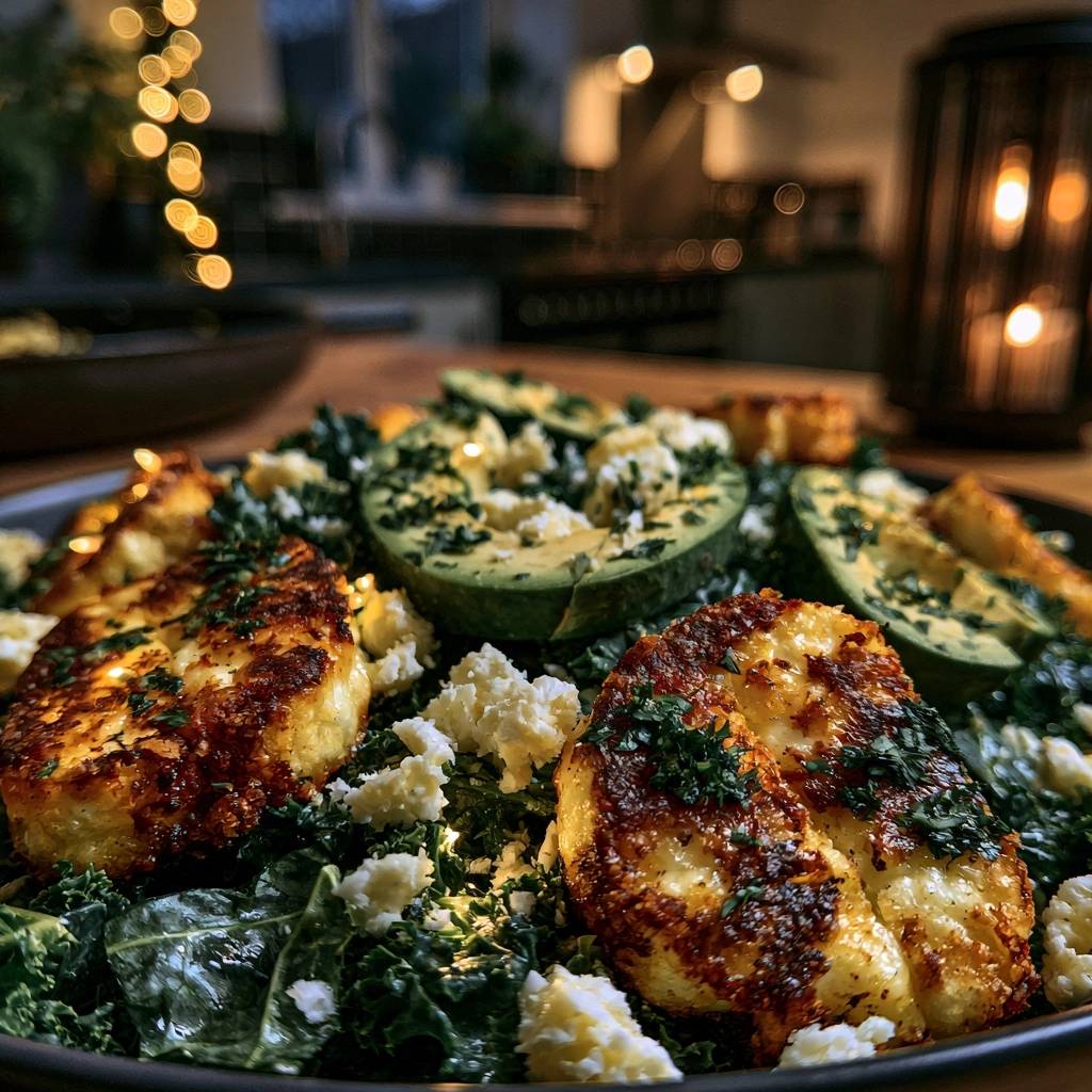 Goldbraun gebratener Halloumi auf Grünkohl-Avocado-Salat