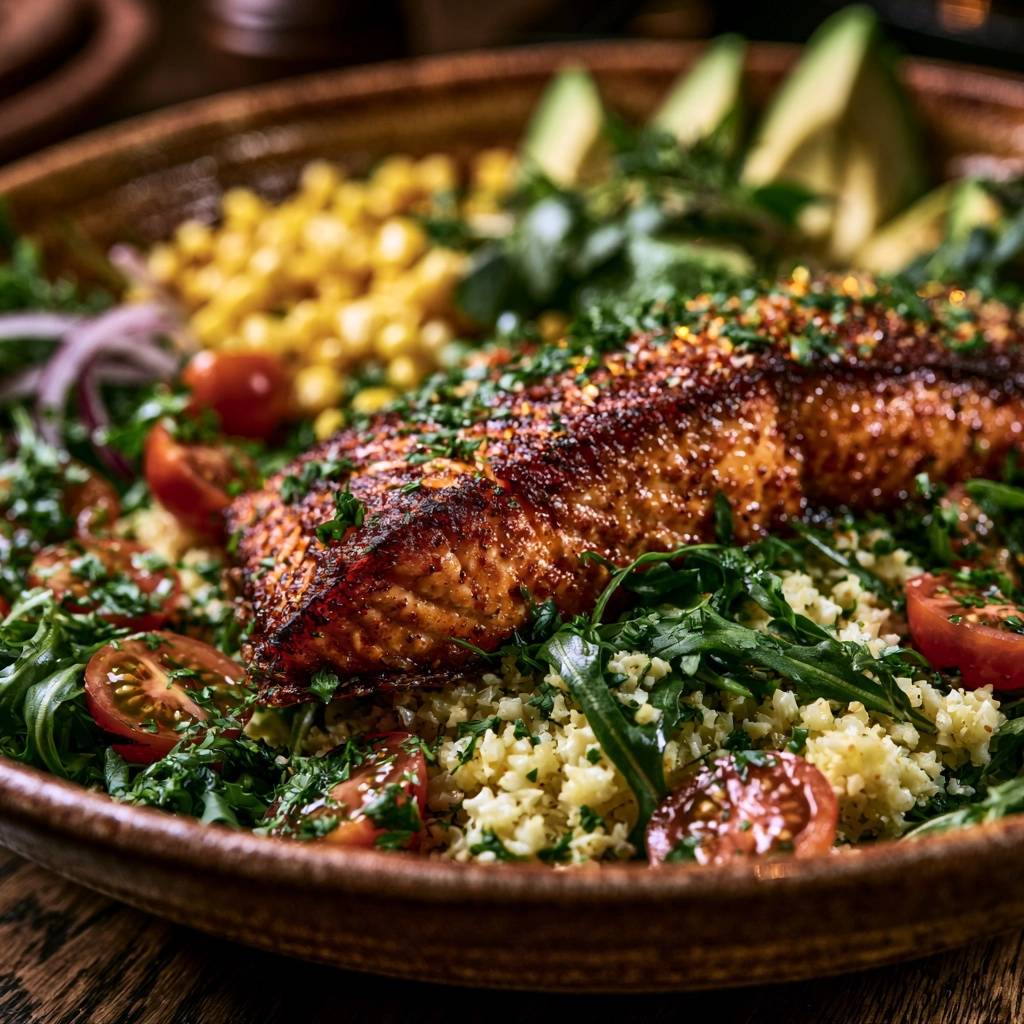Gebratenes Lachsfilet auf Quinoa-Bowl