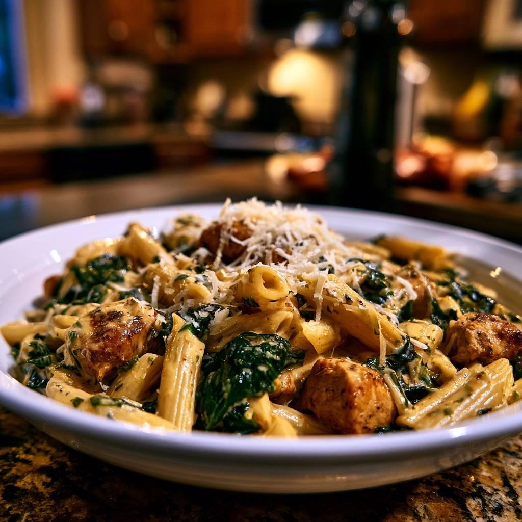 Cremige Penne mit Hähnchen und Spinat