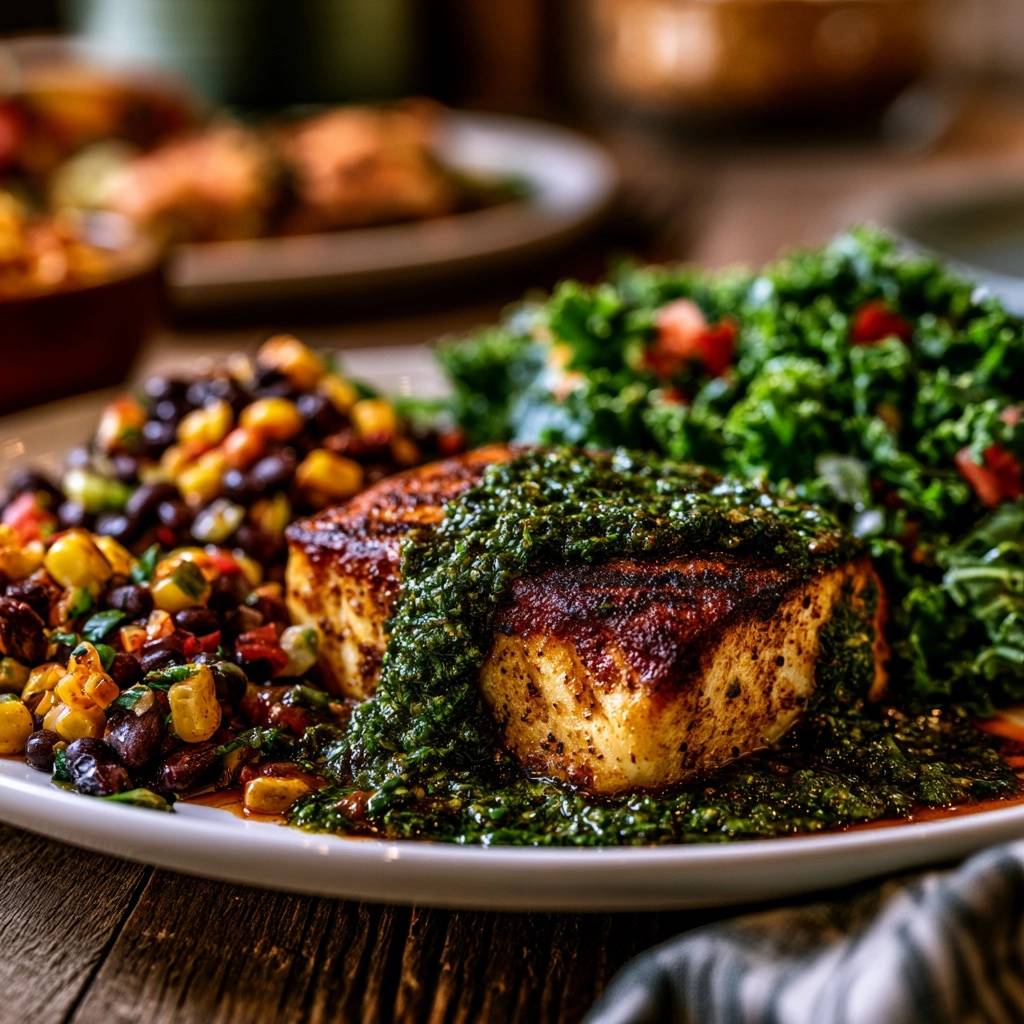 Würziges Fischfilet mit Chimichurri und geröstetem Mais-Bohnen-Salat