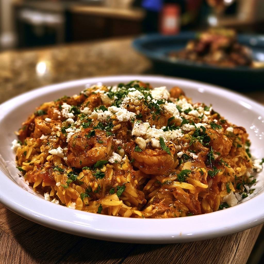 Mediterrane Garnelen-Orzo-Pfanne
