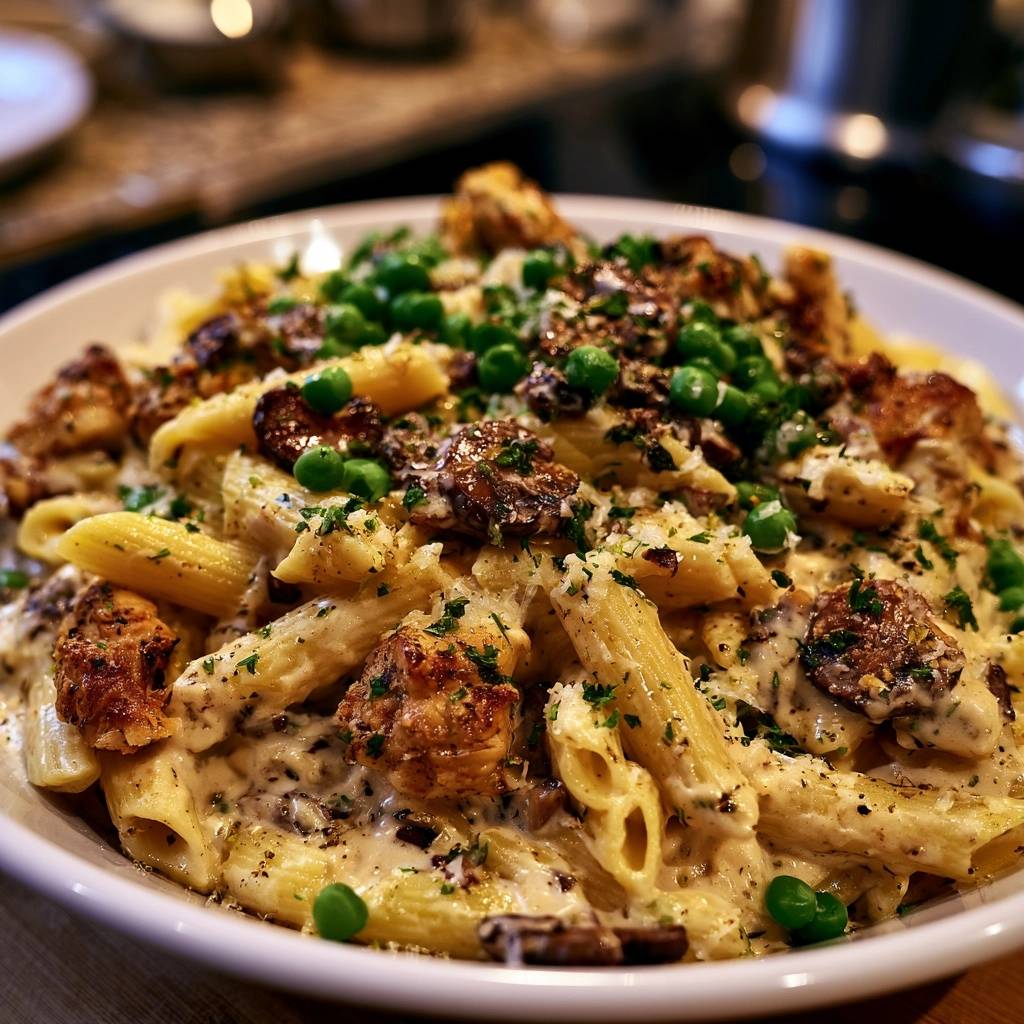 Cremige Penne mit Hähnchen und Pilzen