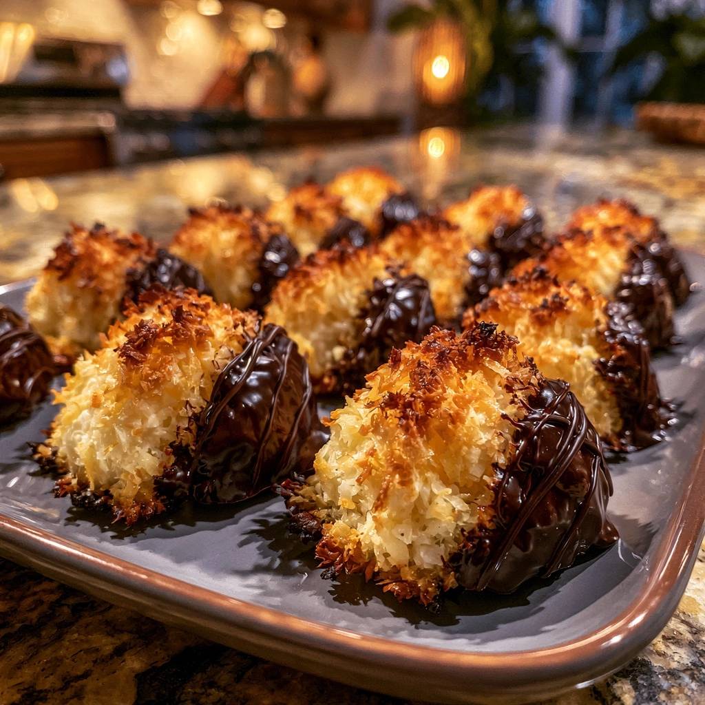 Saftige Kokosmakronen mit Schokoguss