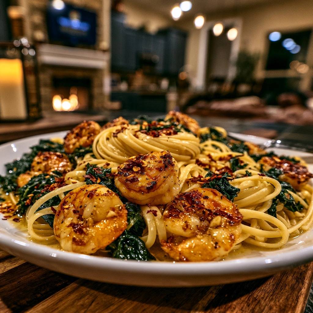 Knoblauch-Garnelen-Linguine mit Chili