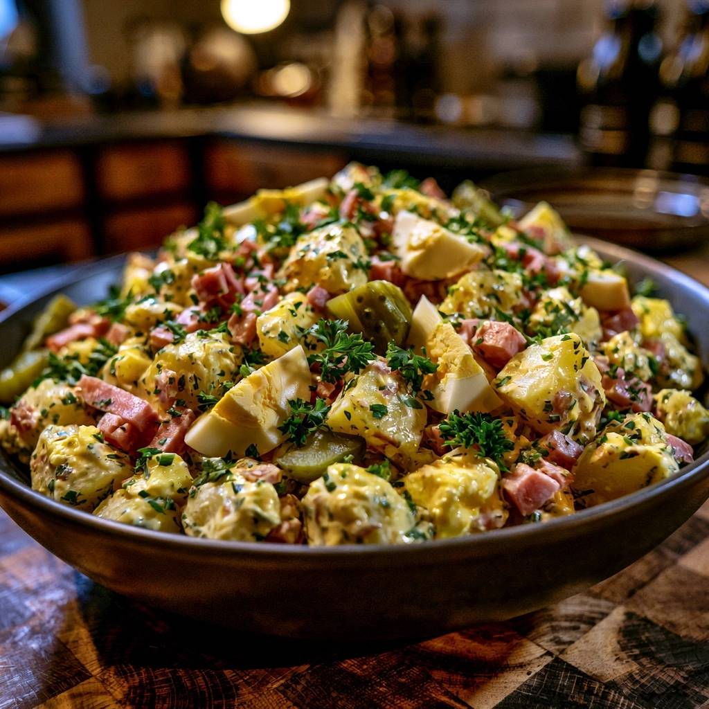 Klassischer Kartoffelsalat mit Ei und Schinken