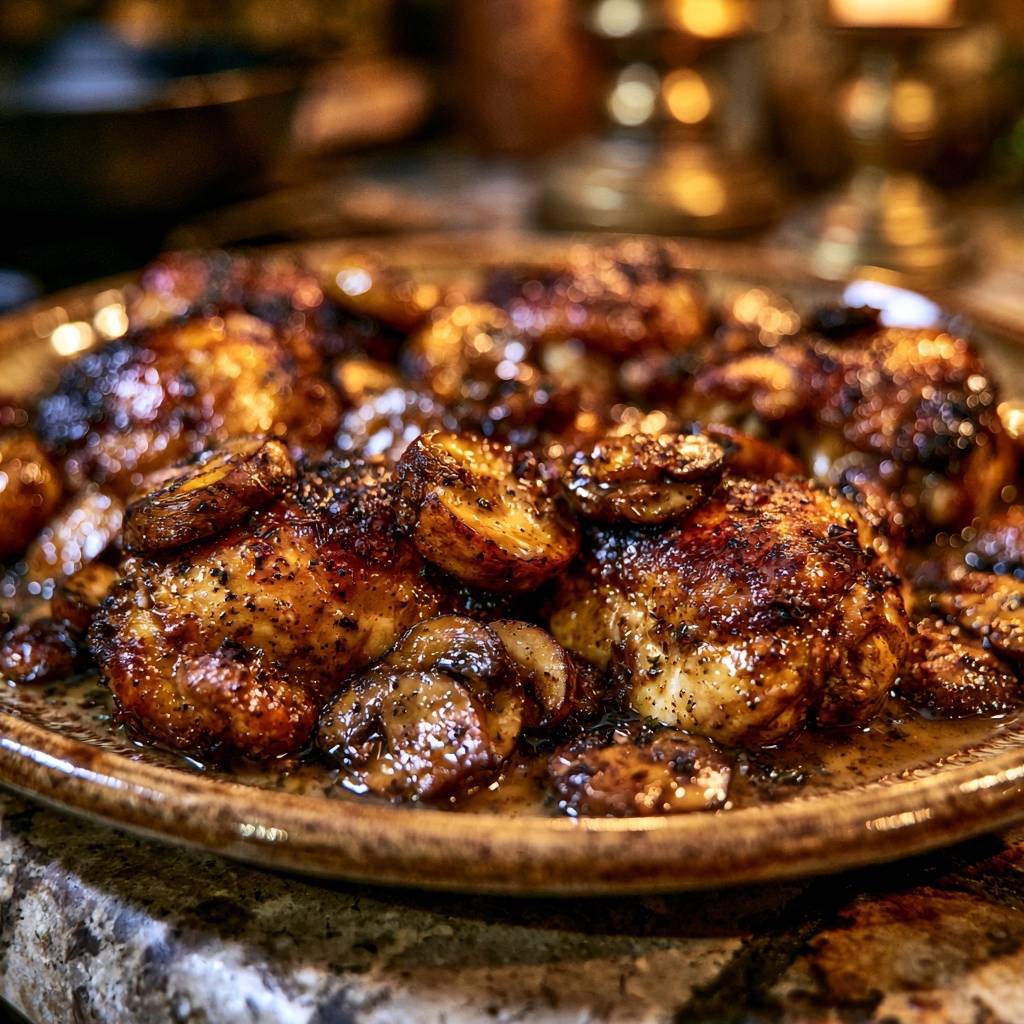 Goldbraune Hähnchenschenkel mit Pilzen