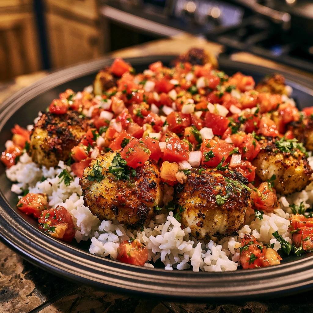 Gebratene Jakobsmuscheln auf Reis mit Tomaten-Salsa