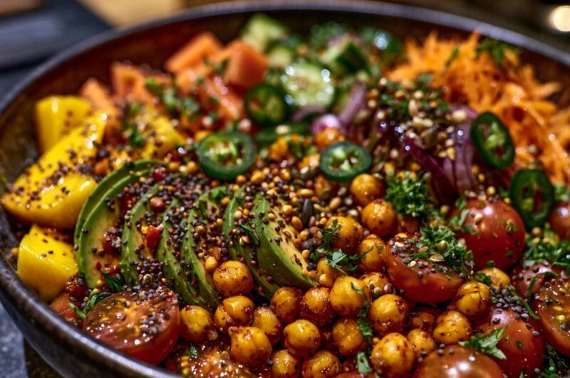 Bunte Regenbogen-Bowl mit Knusper-Kichererbsen