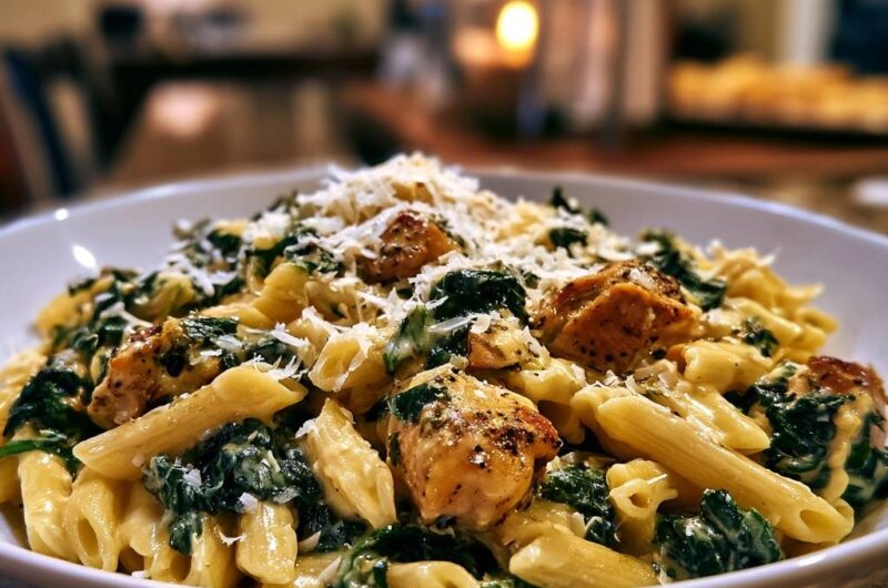 Cremige Penne mit Hähnchen und Spinat