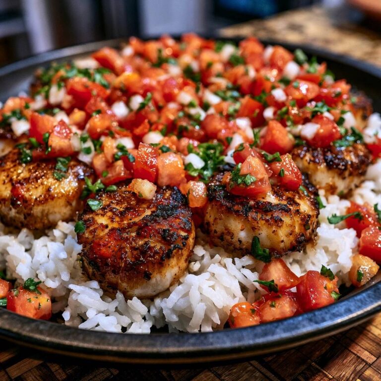 Gebratene Jakobsmuscheln auf Reis mit Tomaten-Salsa