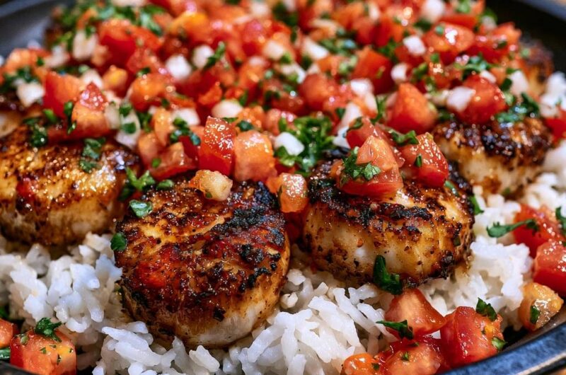 Gebratene Jakobsmuscheln auf Reis mit Tomaten-Salsa