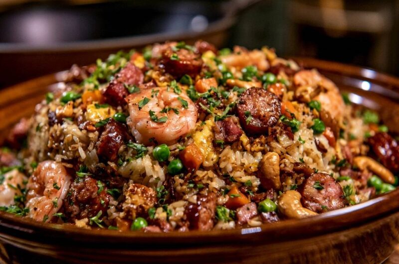 Gebratener Reis mit Garnelen und Chorizo
