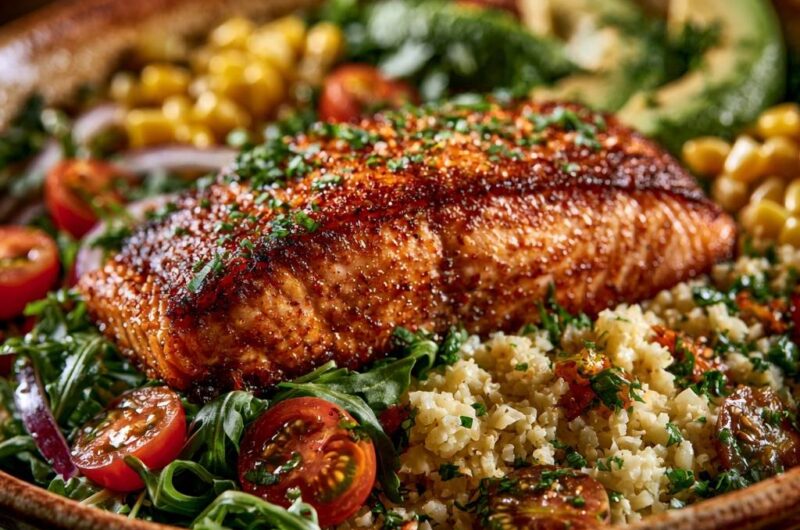 Gebratenes Lachsfilet auf Quinoa-Bowl