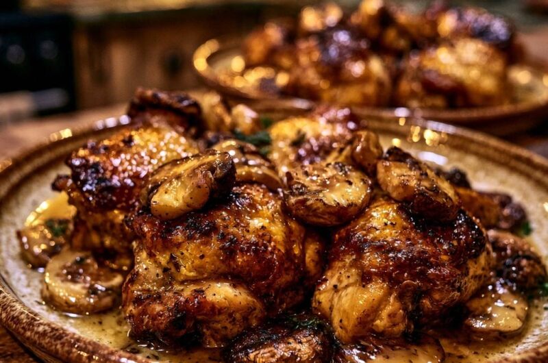 Goldbraune Hähnchenschenkel mit Pilzen