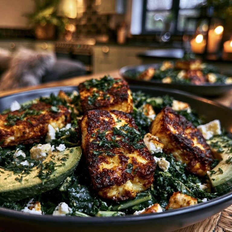 Halloumi auf Grünkohl-Avocado-Salat: Goldbraun & knusprig